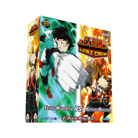 Asmodee My Hero Academia CCG Izuku Midoriya vs Katsuki deck front view, ready-to-play.