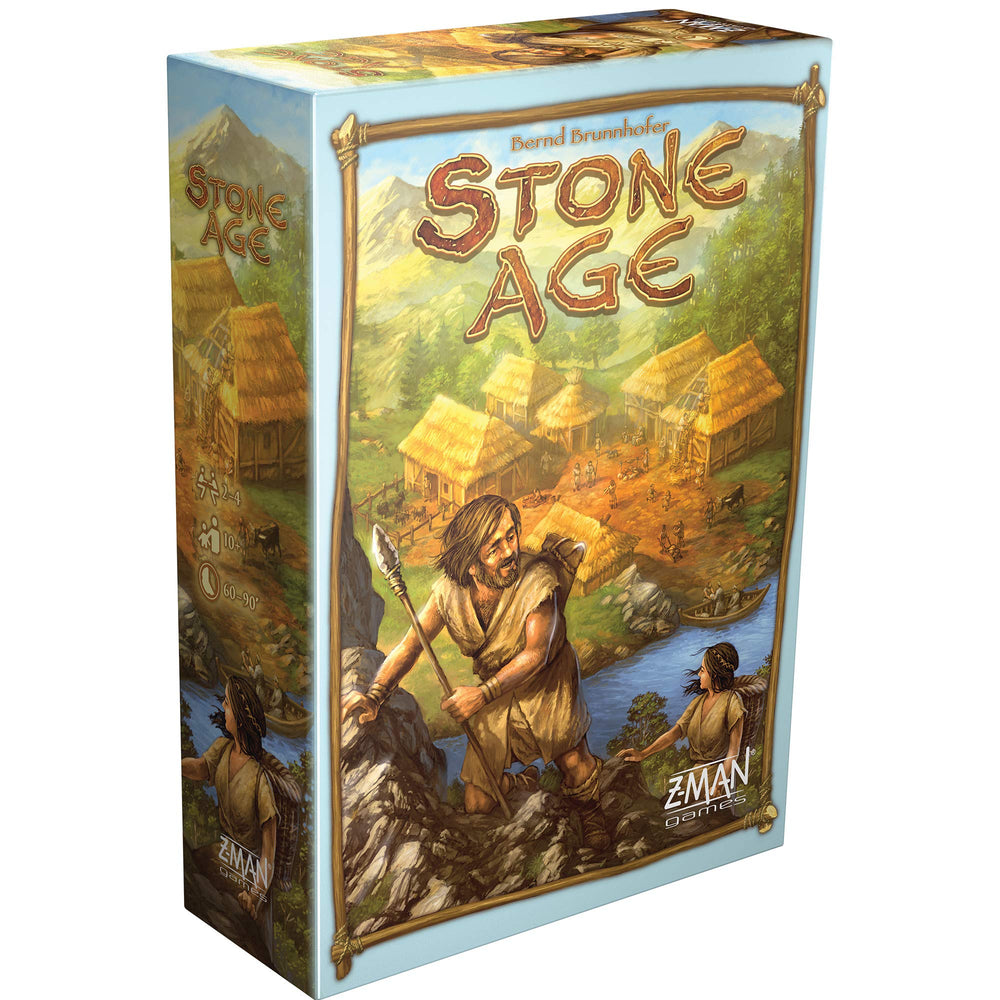 Asmodee Stone Age board game setup with resource tiles ready for strategy.