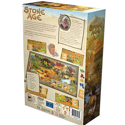 Asmodee Stone Age resource gathering shows wood, stone, and gold tokens.