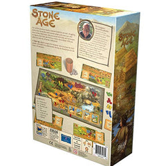 Asmodee Stone Age resource gathering shows wood, stone, and gold tokens.