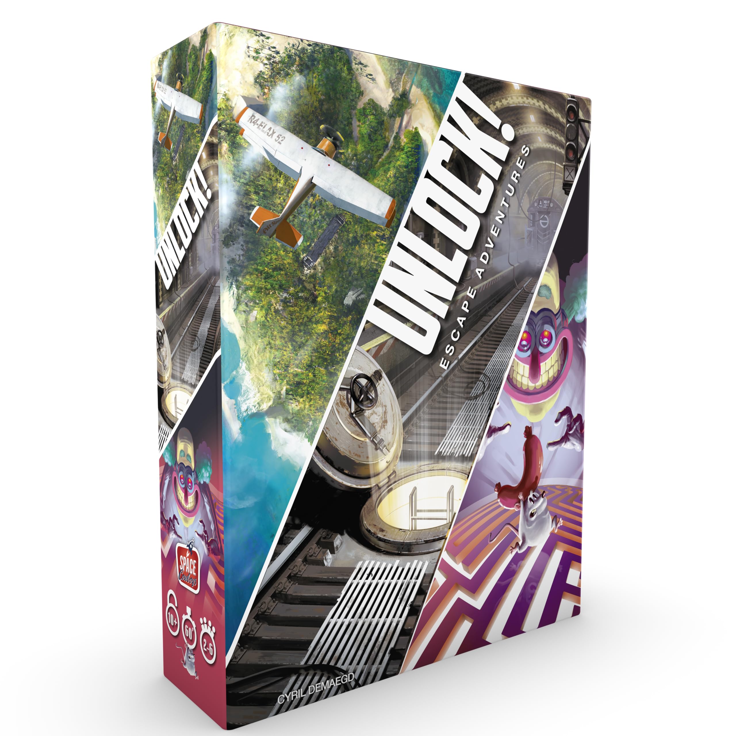 Asmodee UNLOCK! Escape Adventures box cover showing three adventures for family game night