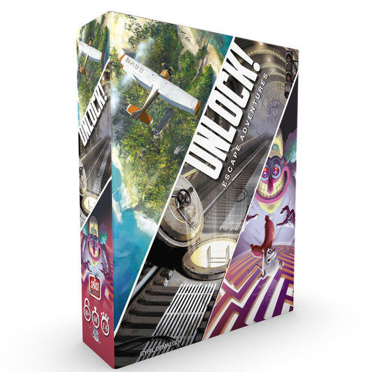Asmodee UNLOCK! Escape Adventures box cover showing three adventures for family game night