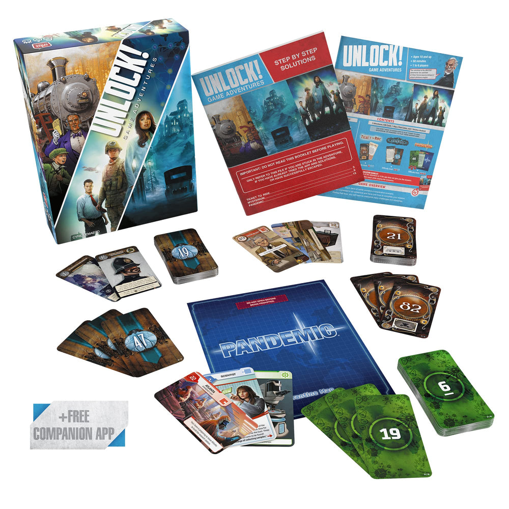 Asmodee Unlock! Game Adventures companion-app interface aids clues and time checks.