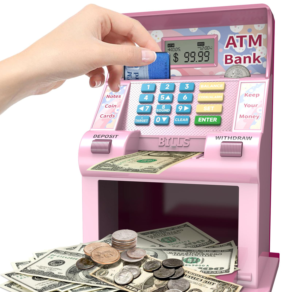 ASRIO ATM piggy bank showing debit card feature and kid-friendly interface
