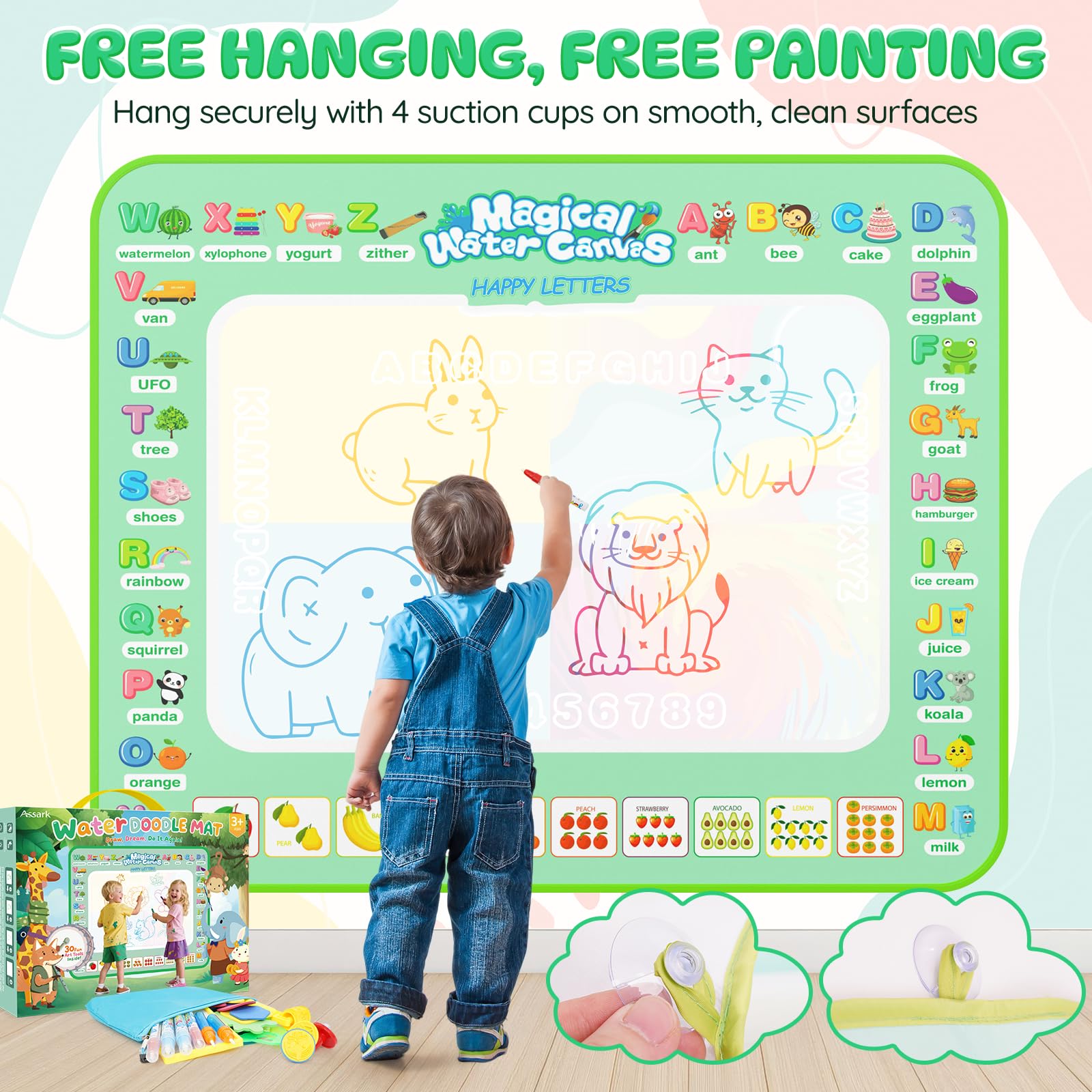 Assark doodle templates guide creative scenes and storytelling on the mat.