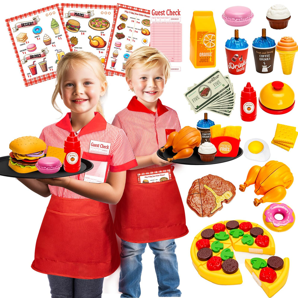 Assorty restaurant server-set apron and menu promote imaginative play