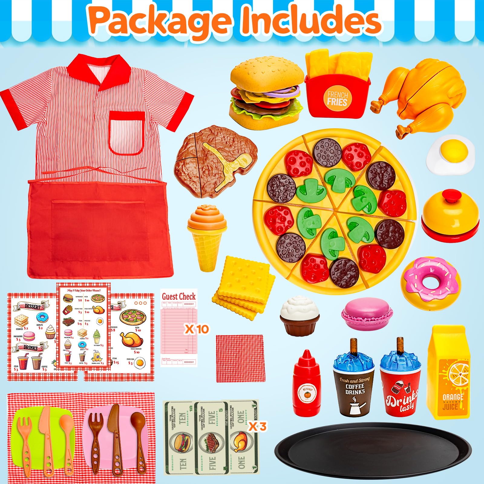 Assorty restaurant server set toy foods offer tasty pretend meals