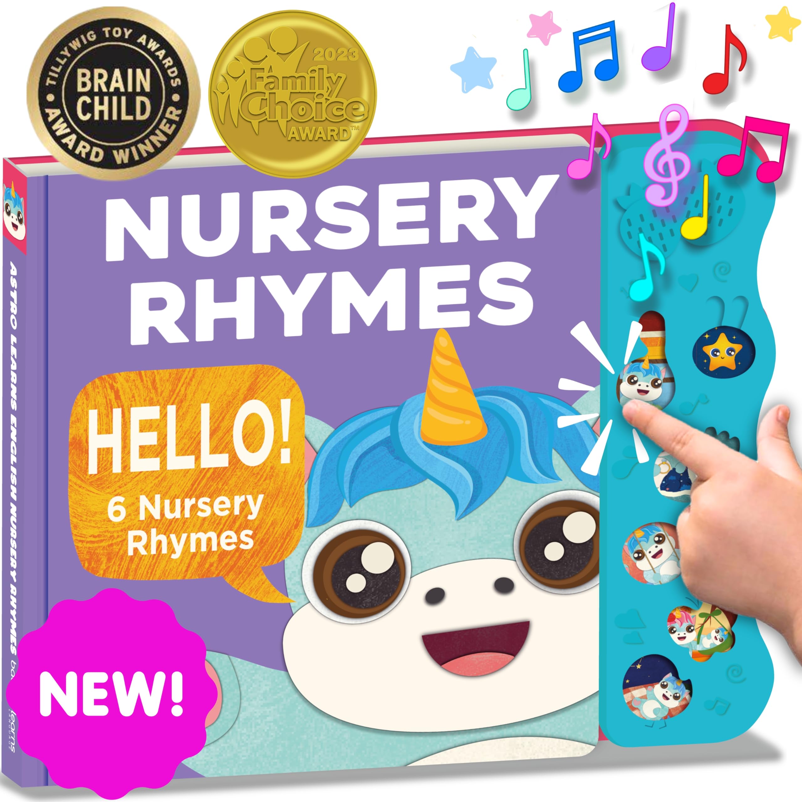 Astro Learns English nursery rhyme book cover showing soothing music for infants
