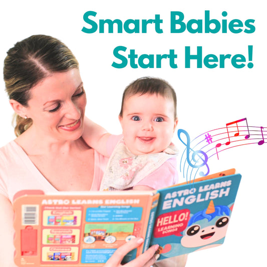 Astro Learns English singing book open; real mom voice calms and engages babies