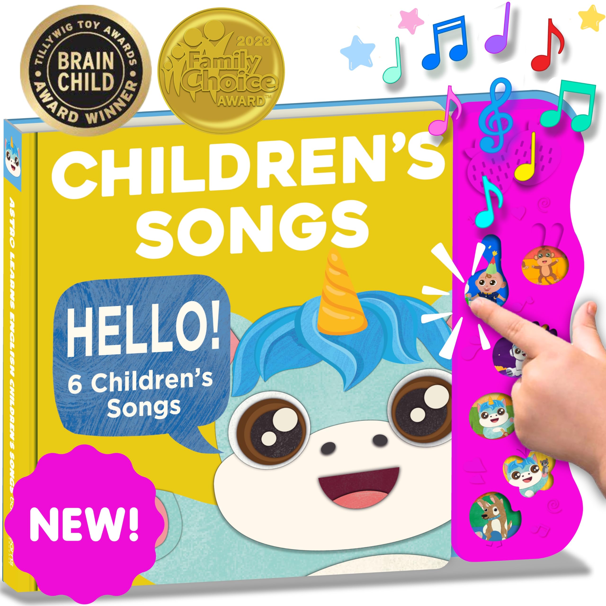Astro Learns English sound book cover with calming nursery songs for infants.
