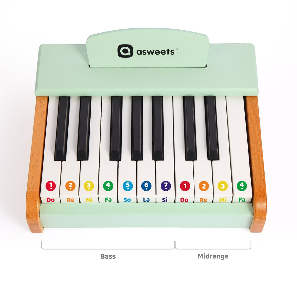 Close-up of textured wooden keys on the Asweets piano, sturdy craftsmanship and safe materials