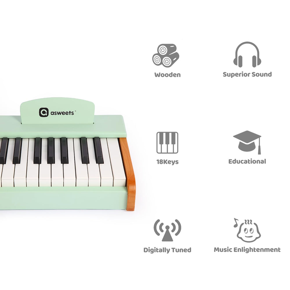 Kids playing the Asweets wooden piano in green, building rhythm and motor skills