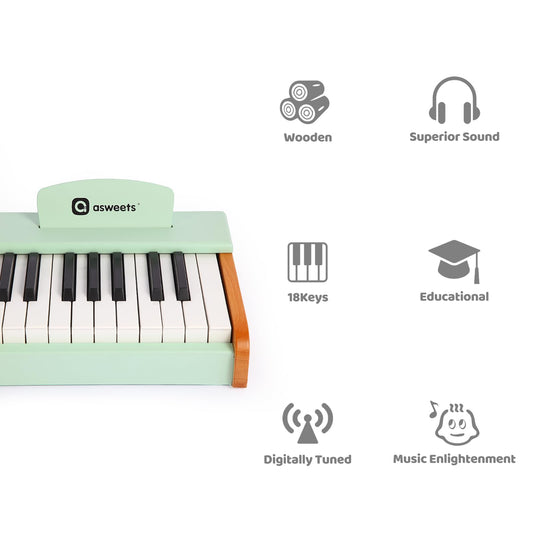 Kids playing the Asweets wooden piano in green, building rhythm and motor skills