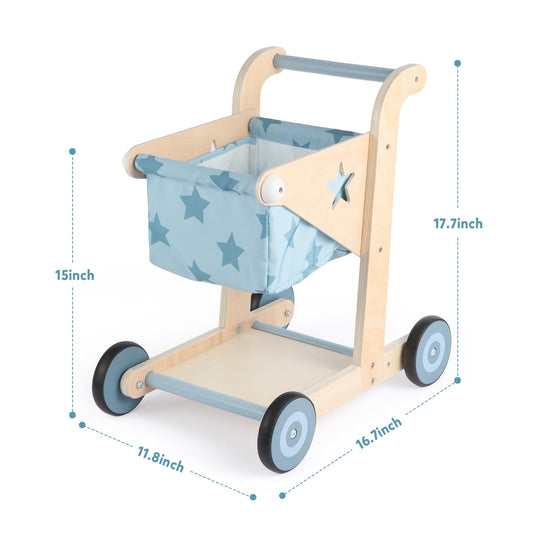 Asweets push-pull doll stroller blue ideal for pretend shopping and mobility.