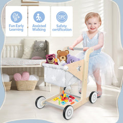 Asweets push-pull walker with wooden wheels encourages safe standing and walking.
