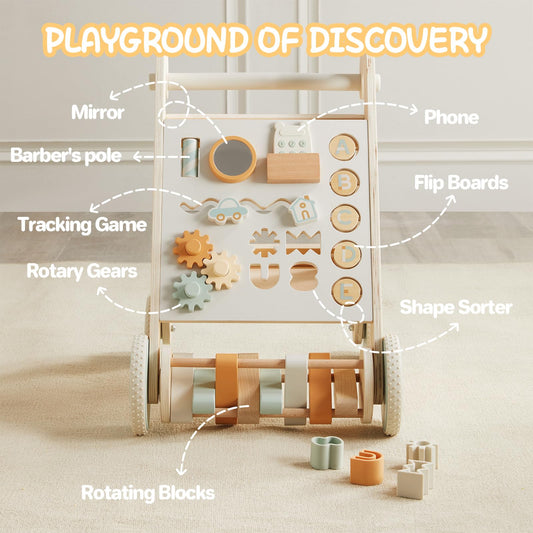 Asweets wooden walker features a mirror to encourage self-recognition