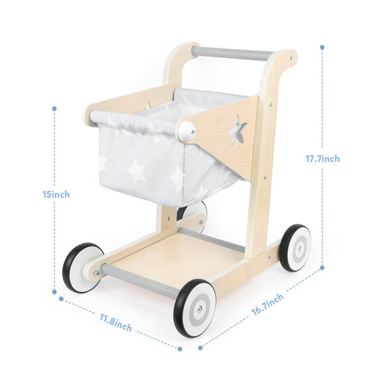 Asweets wooden walker doll seat enables pretend shopping with a doll.