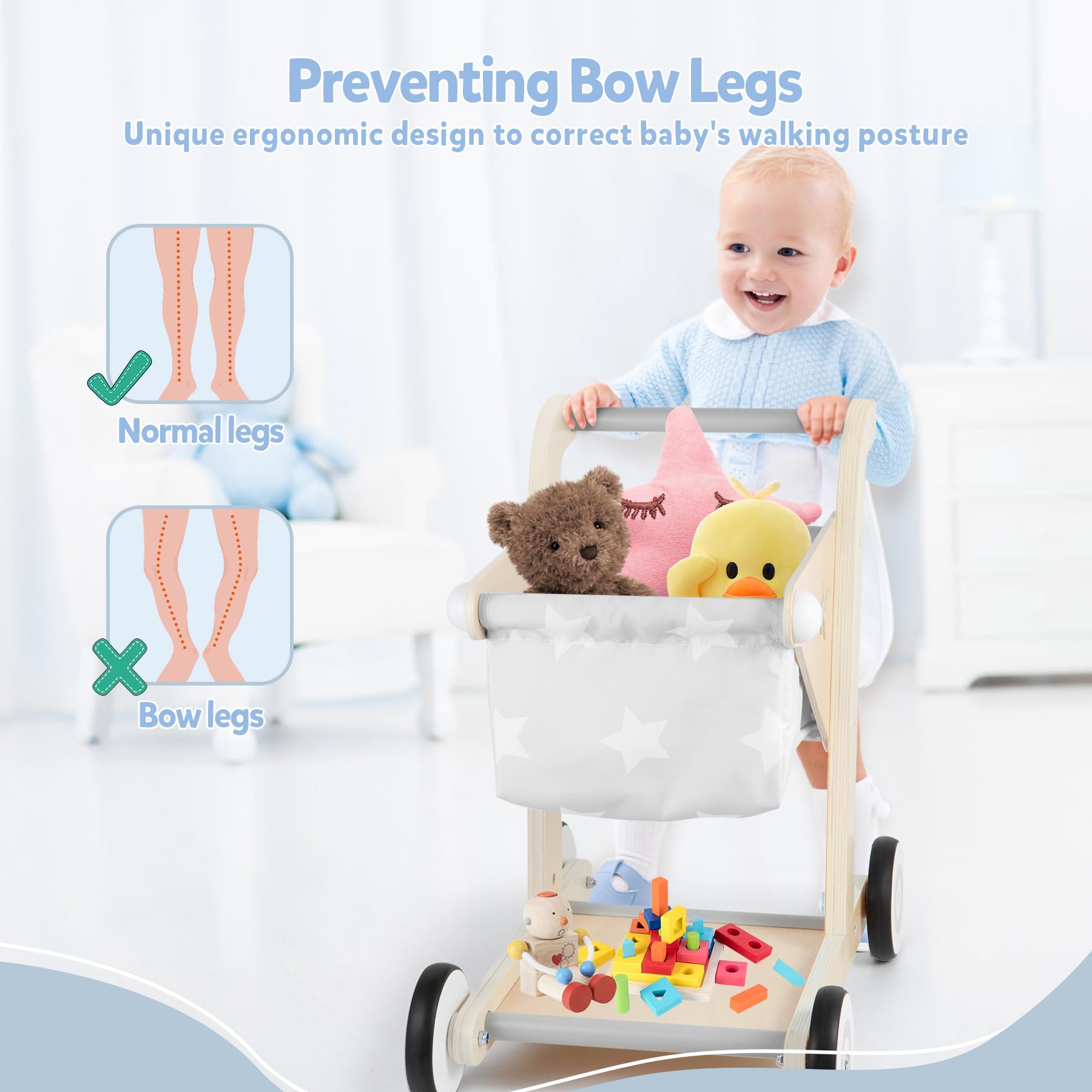 Asweets wooden walker with rubber wheels protects floors during play.