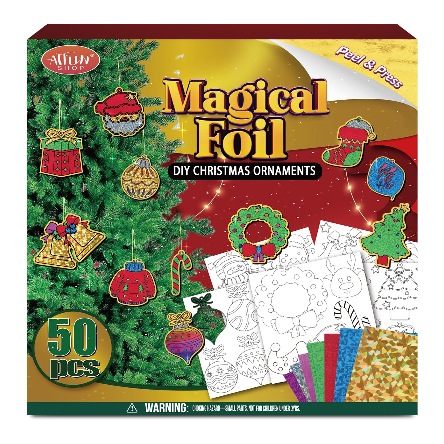 ATFUNSHOP Christmas foil art ornaments: kids create dazzling decorations with mess-free technique.