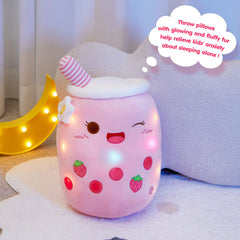 Athoinsu Light Up Strawberry Boba Tea plush with Velcro battery access for safe replacement.