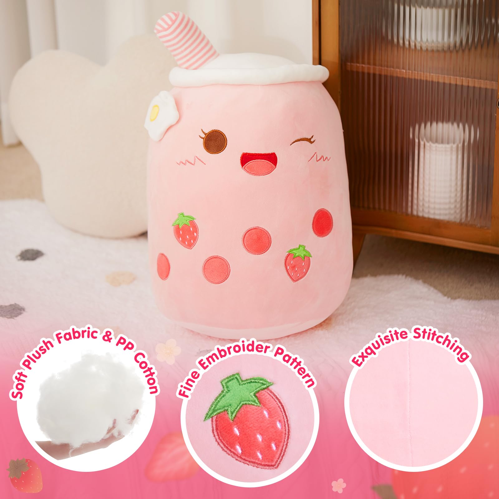Athoinsu Light Up Strawberry Boba Tea plush pillow emphasizes durable stitches for long lasting play.