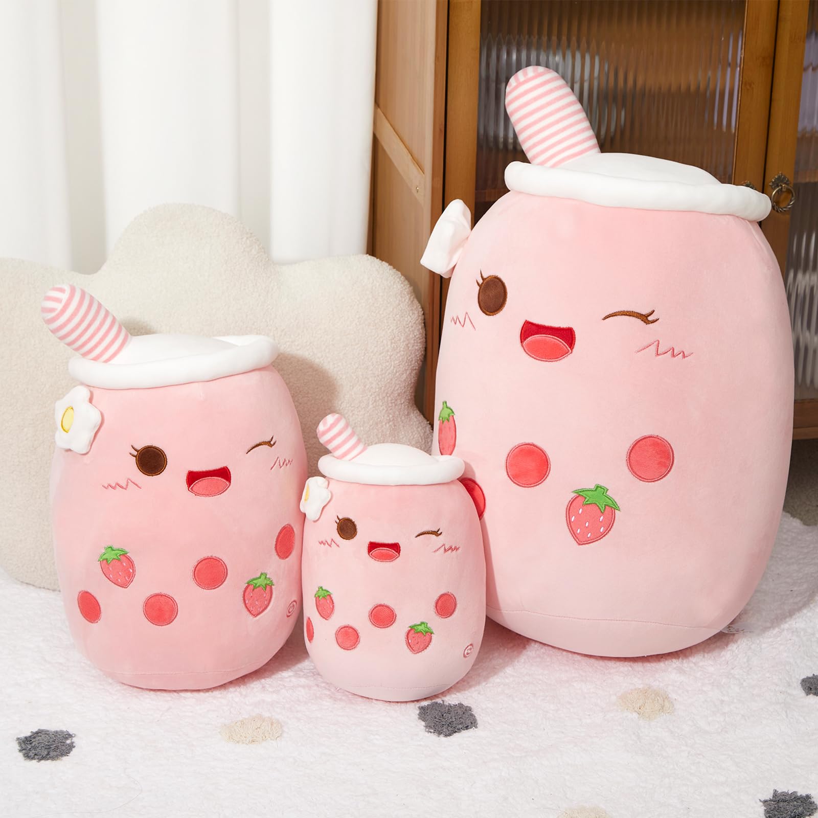 Athoinsu Light Up Strawberry Boba Tea plush pillow with LED light on adds playful ambiance.