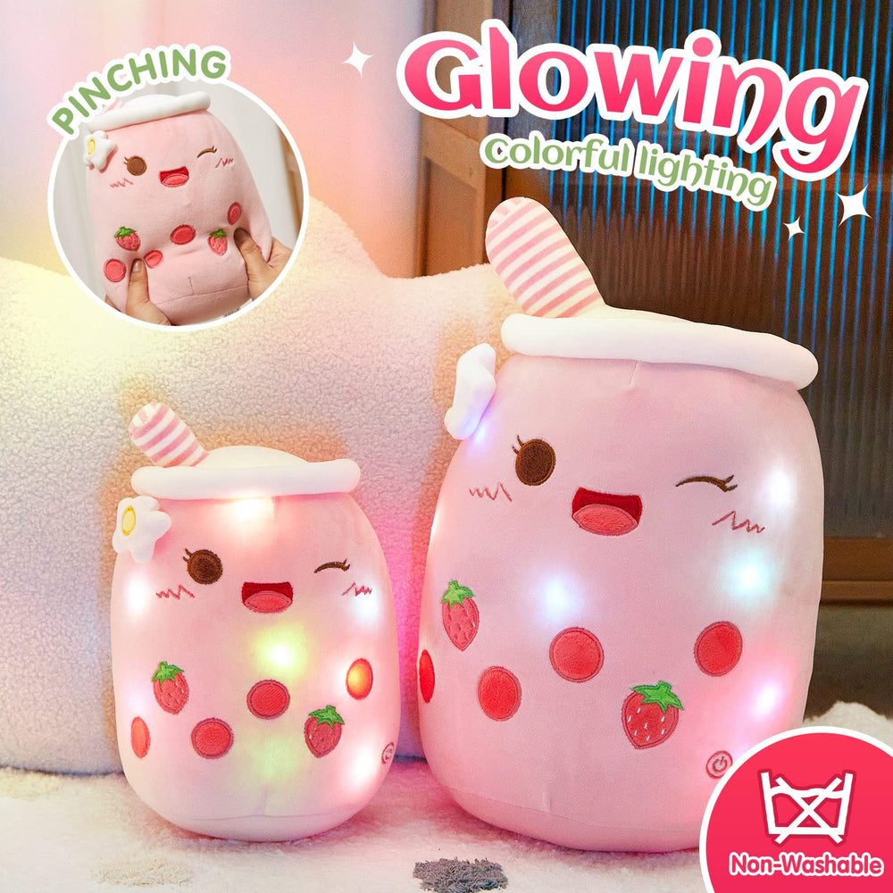 Athoinsu Light Up Strawberry Boba Tea plush pillow showing soft fabric texture for hugs.