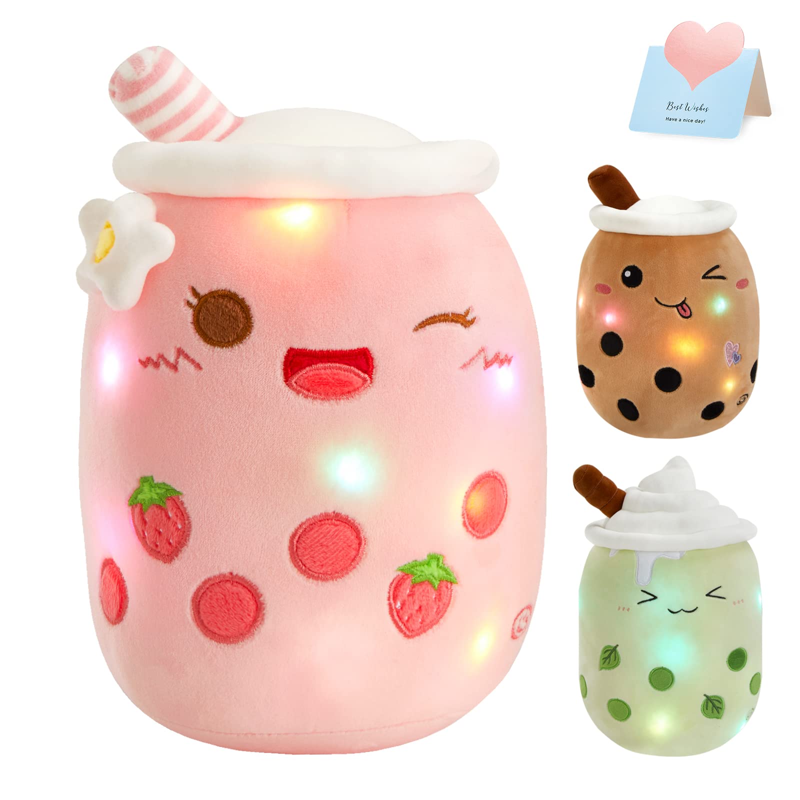 Athoinsu light-up strawberry milk tea plush pillow glowing softly for cozy playtime.