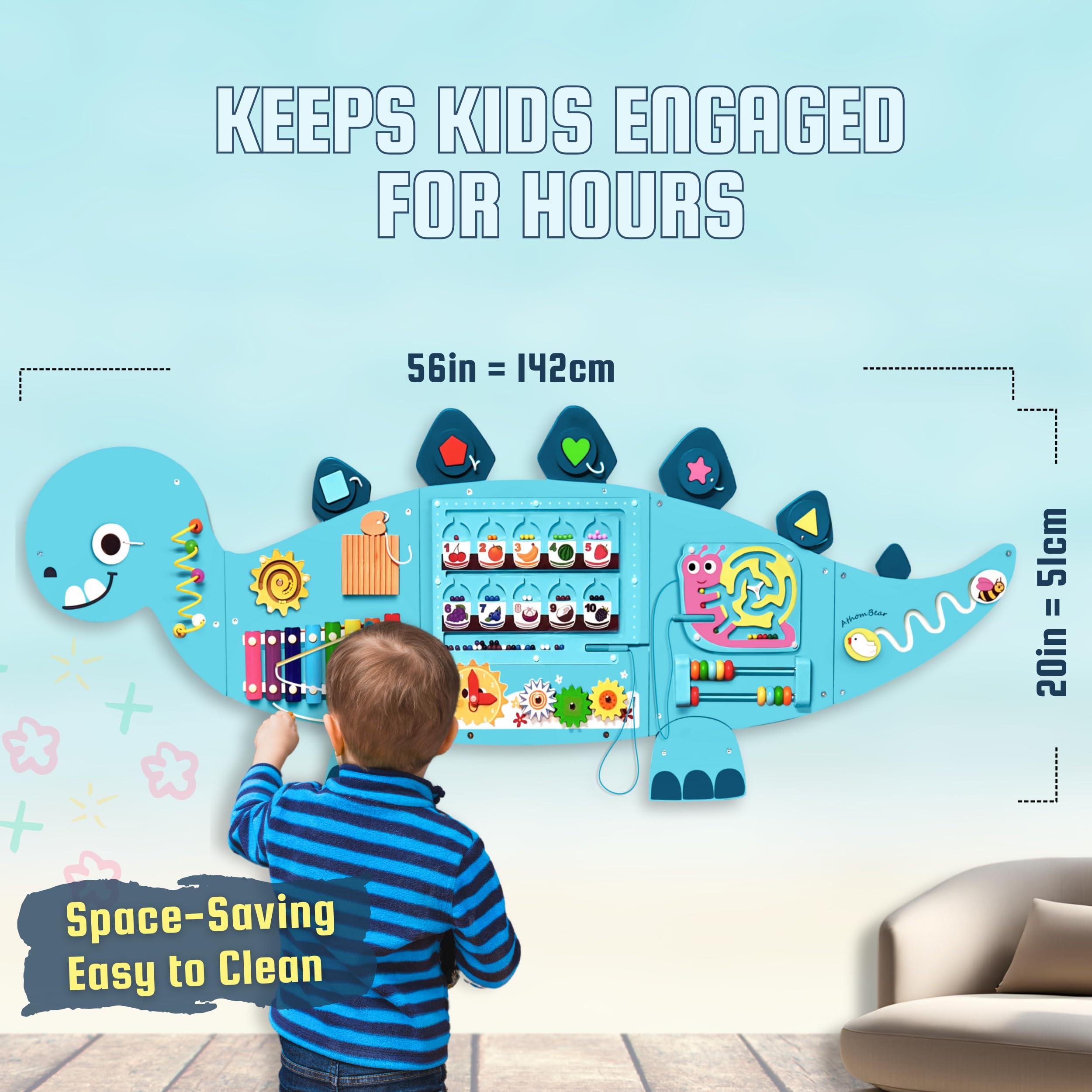 AthomBear dinosaur activity wall busy board clock section supports early time concepts.