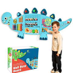 AthomBear dinosaur activity wall busy board front view highlights safe wooden design.
