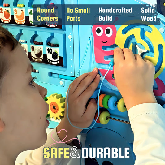 AthomBear dinosaur activity wall busy board gears close-up for fine motor play.