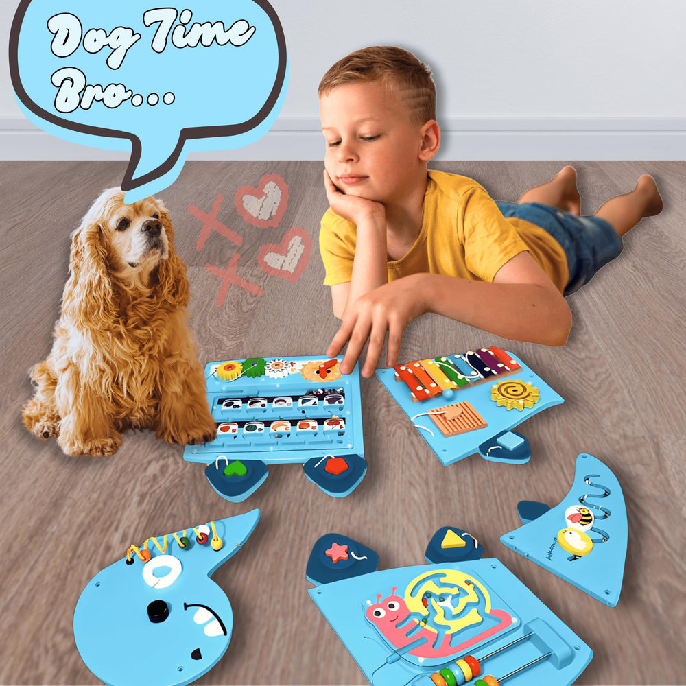 AthomBear dinosaur activity wall busy board installation guide image demonstrates easy mounting.