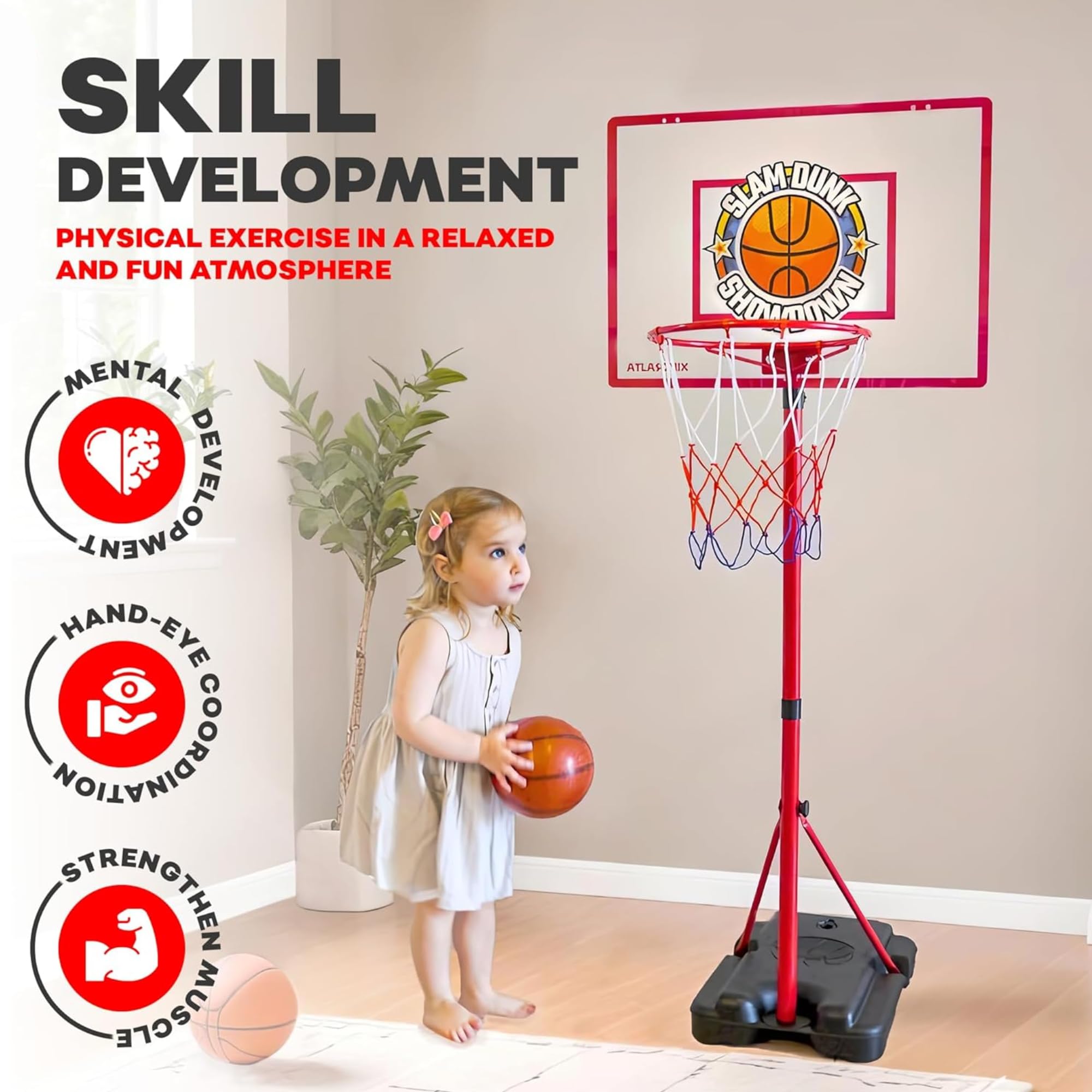 Atlasonix indoor hoop backboard offers clear sightlines for accurate kid shooting.