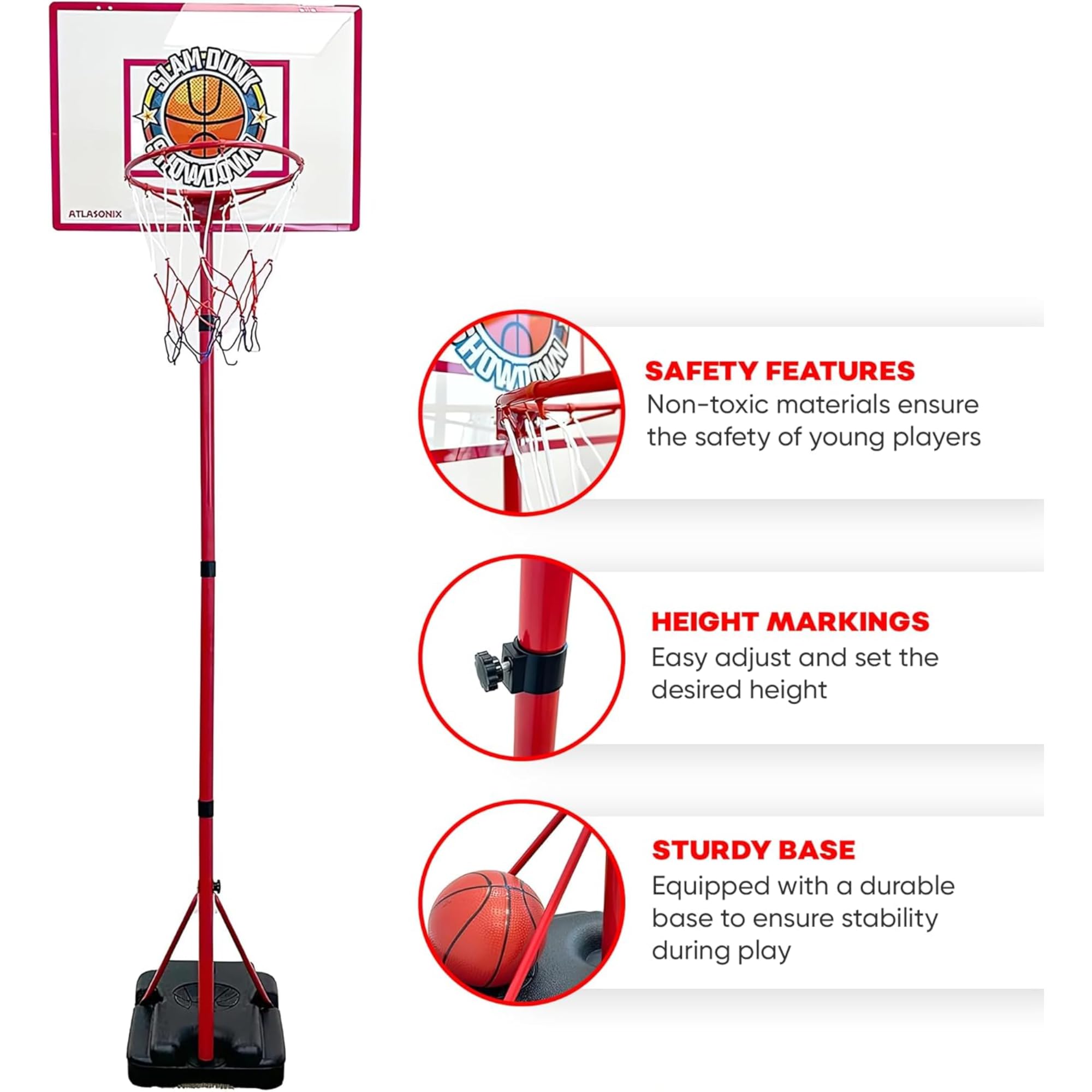 Atlasonix indoor hoop pole and backboard show compact setup for convenient home play.
