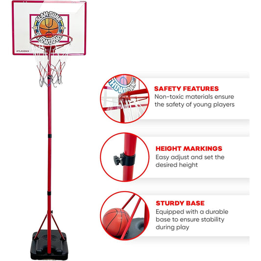 Atlasonix indoor hoop pole and backboard show compact setup for convenient home play.