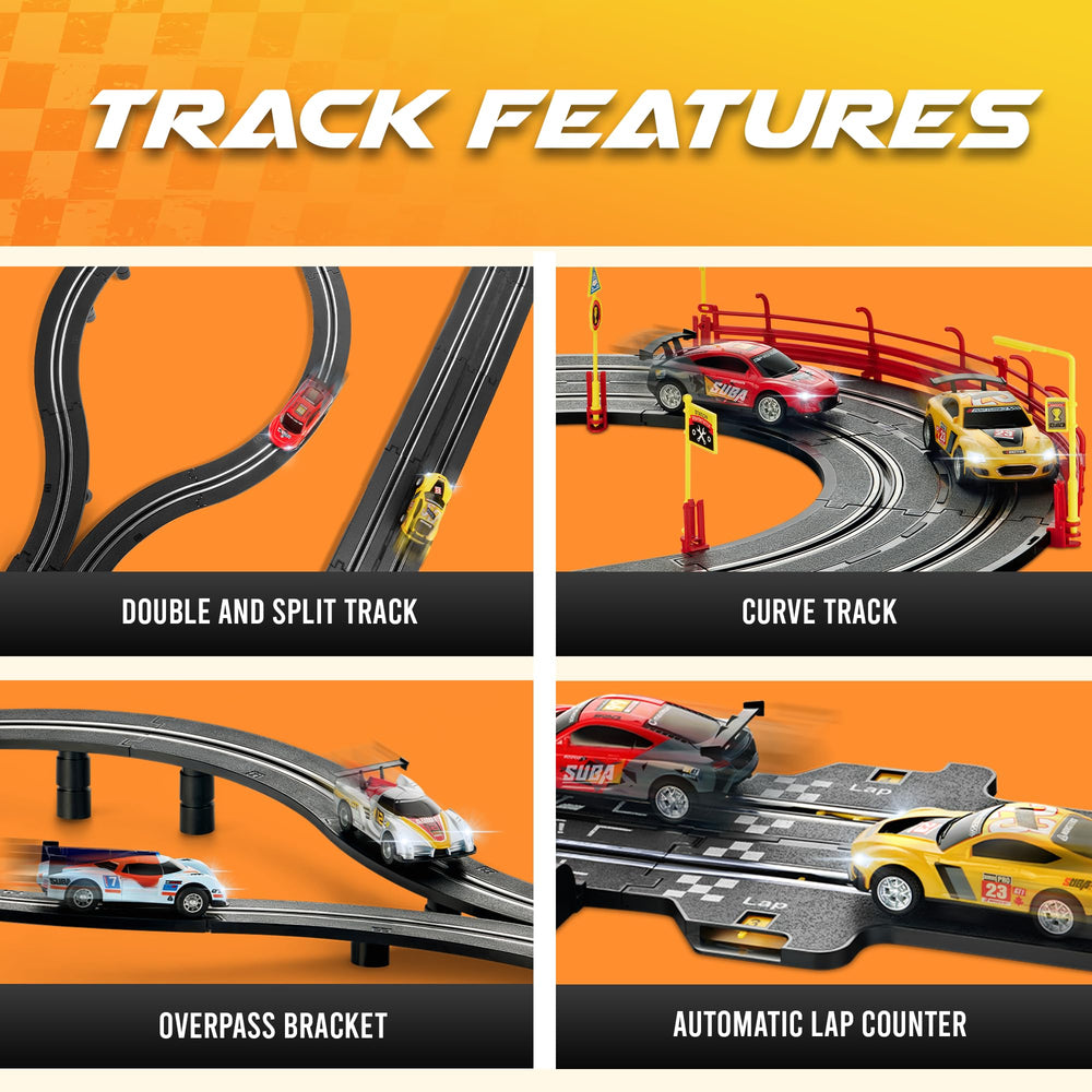 Atlasonix four-car set enables competitive play for siblings and friends.