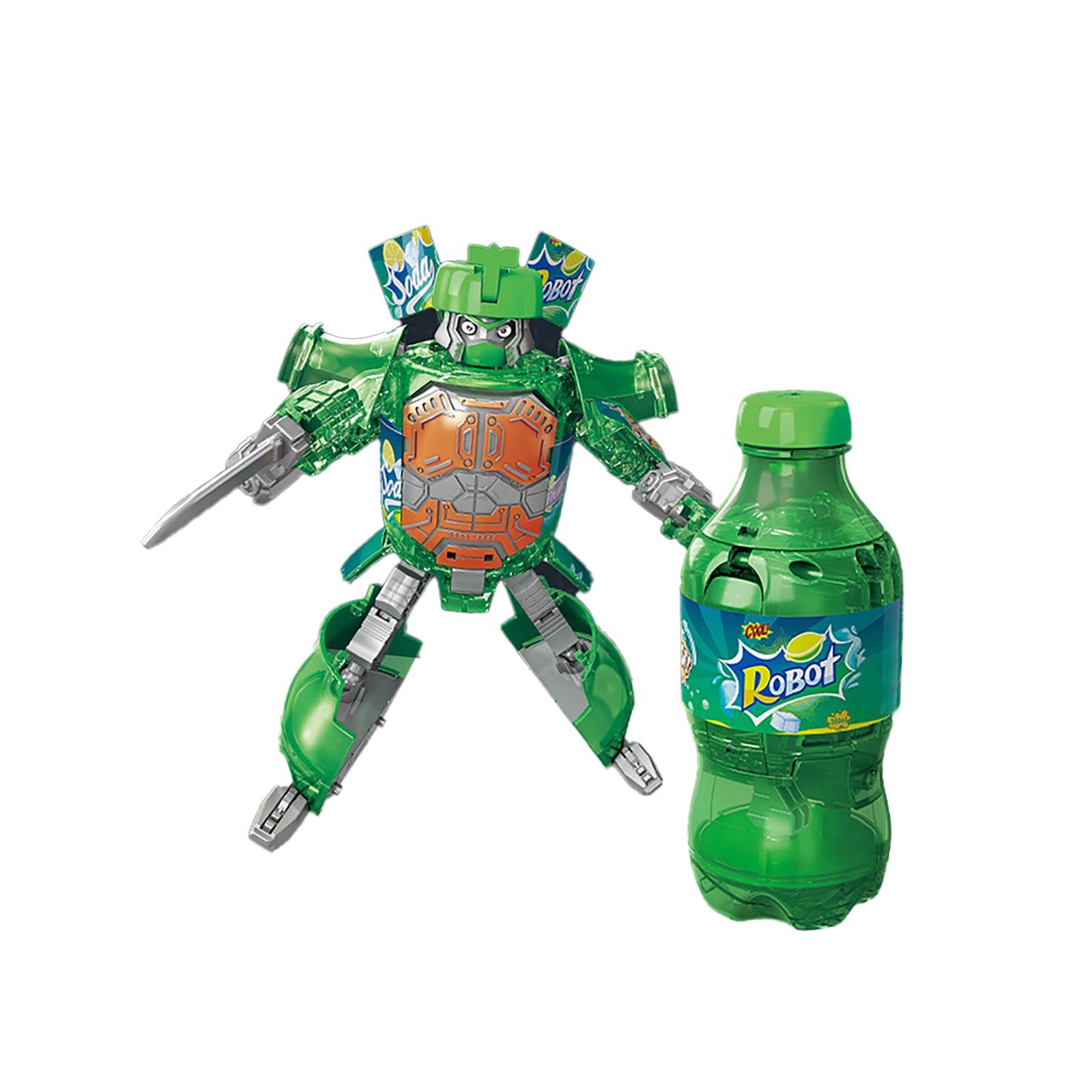 Atlodas bottle deformation robot toy in vibrant green inspires imaginative play.