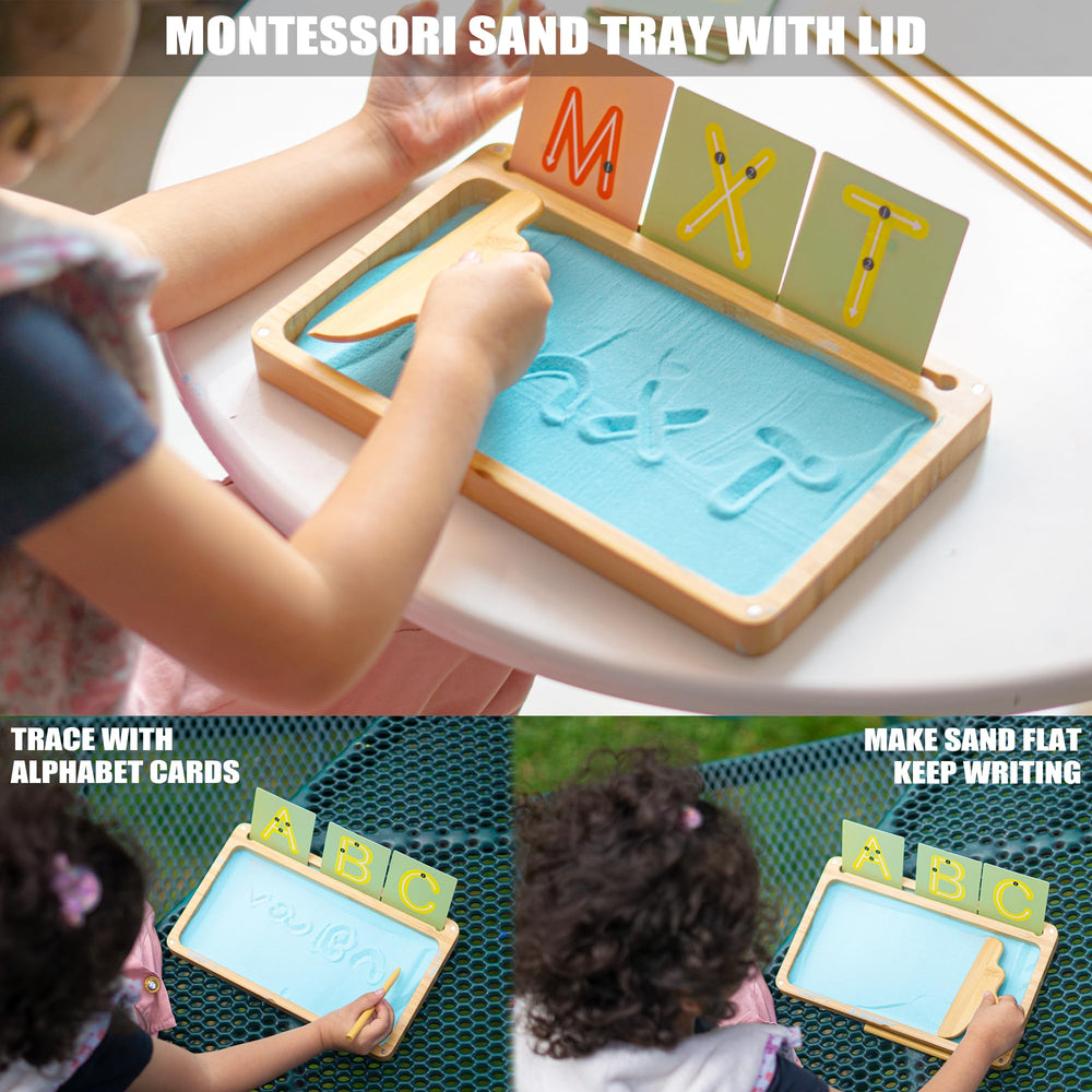 AtMini blue sand packet for tactile alphabet practice and creativity.