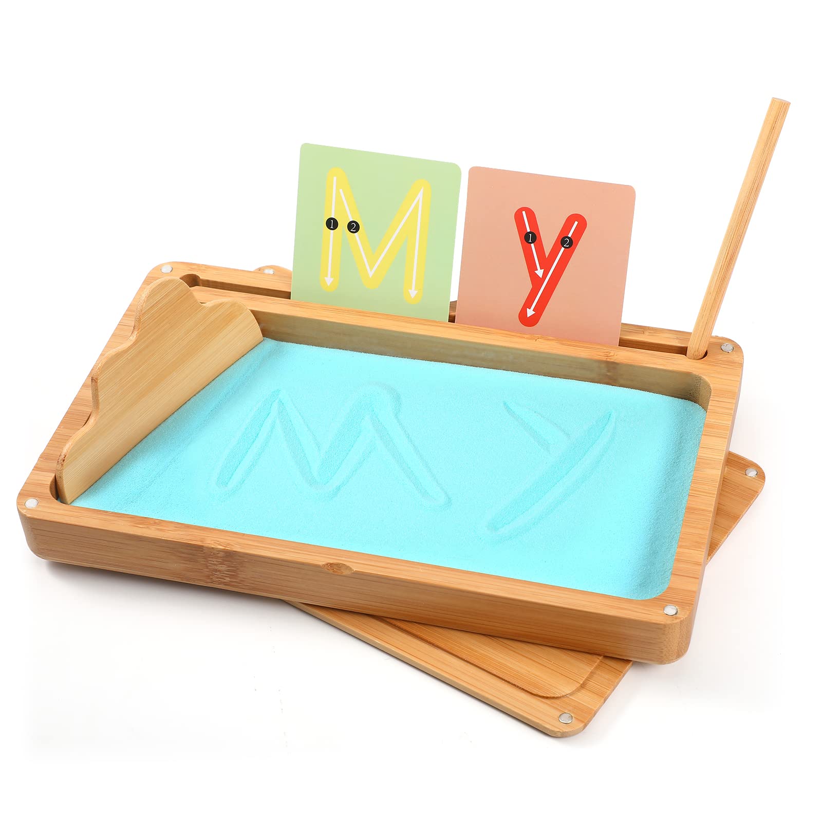 AtMini Montessori sand tray with blue lid for organized, mess-free sensory learning.