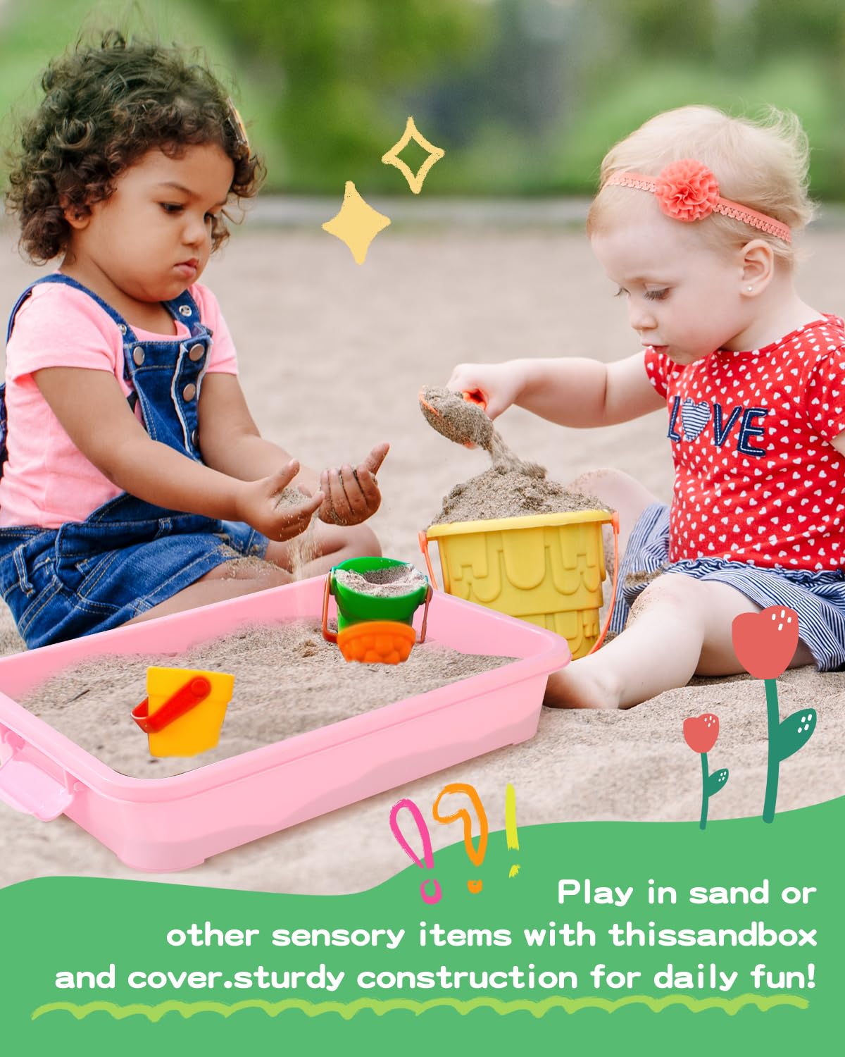 AtMini sensory bin with blue lid promotes water play and easy storage.