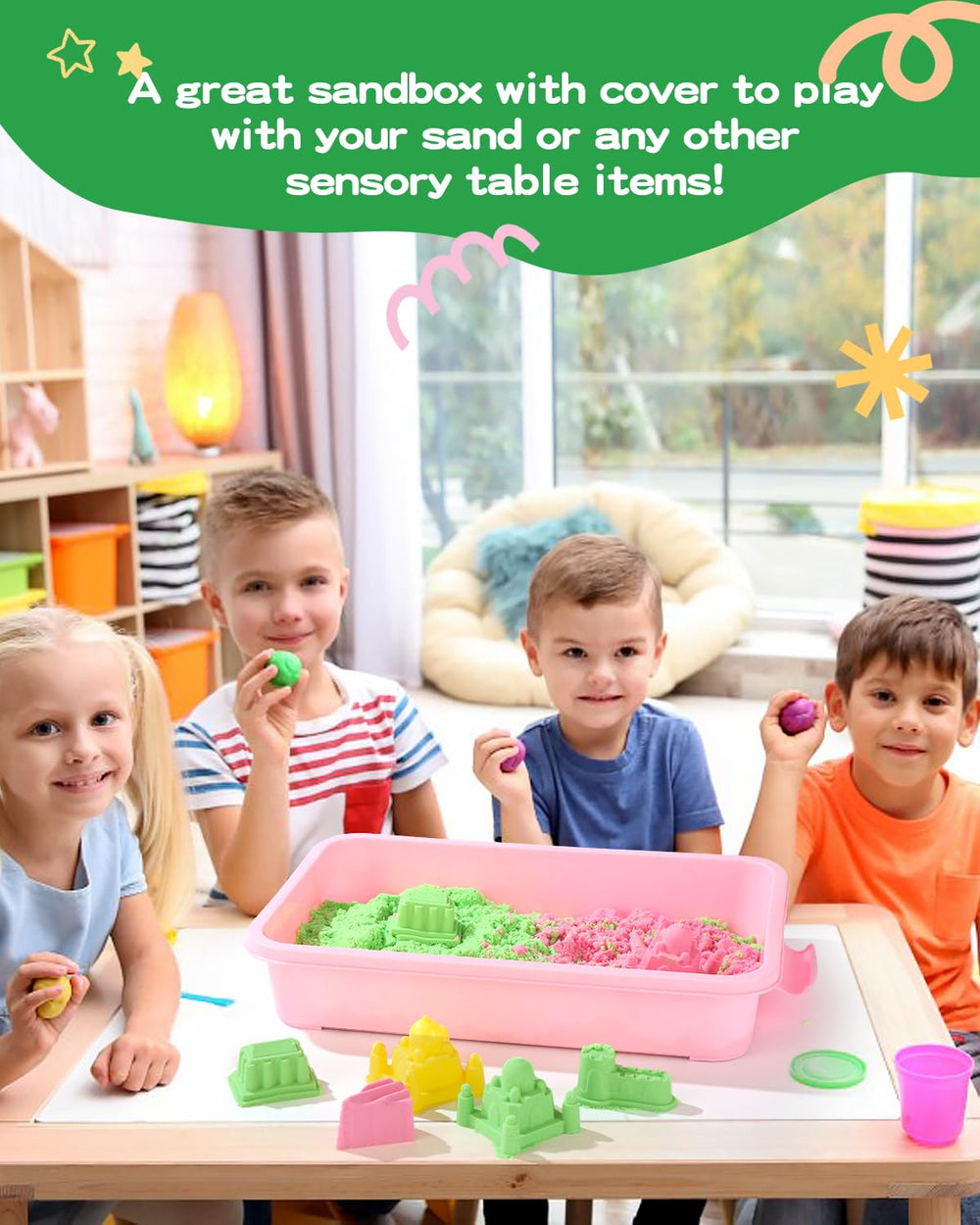 AtMini sensory bin green lid with handle eases cleanup after classroom use.