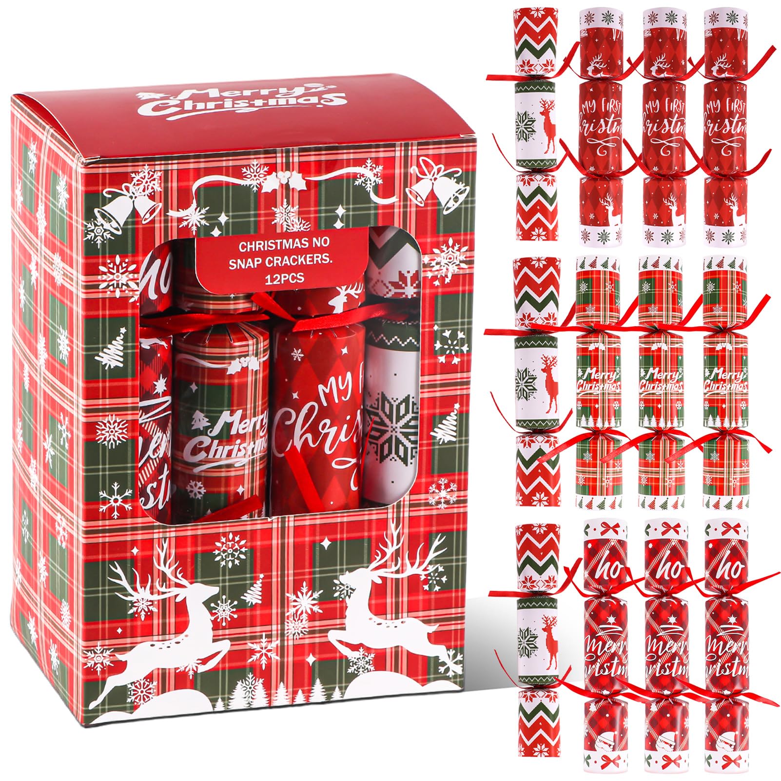 Atonofun no-snap Christmas crackers 12-pack on festive table, ideal for holiday decor and gifts
