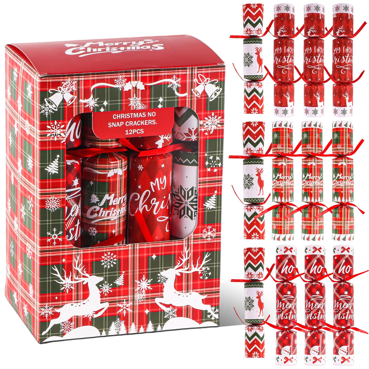 Atonofun no-snap Christmas crackers 12-pack on festive table, ideal for holiday decor and gifts