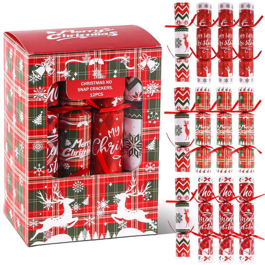 Atonofun no-snap Christmas crackers 12-pack on festive table, ideal for holiday decor and gifts