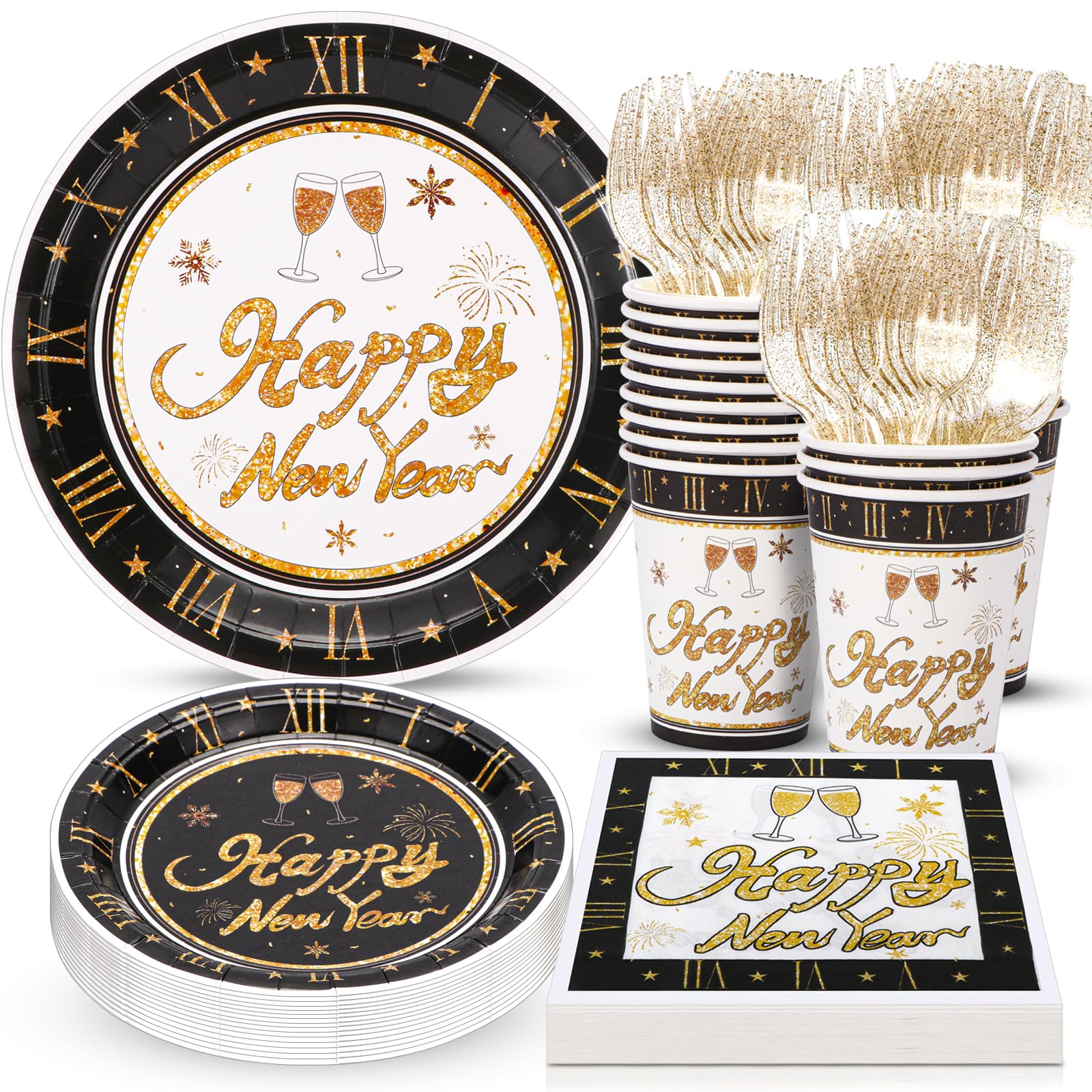 Atonofun Happy New Year plates for 24 guests, stylish dinnerware for celebrations.