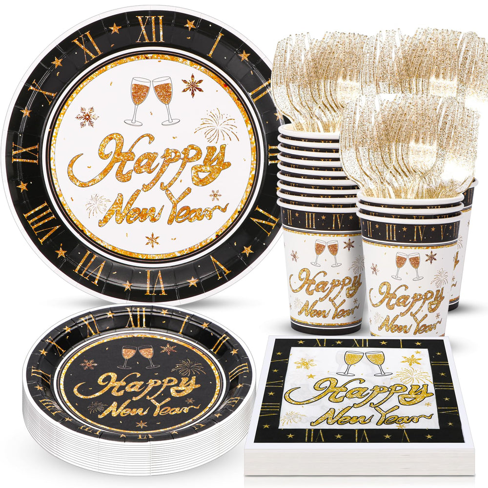 Atonofun Happy New Year plates for 24 guests, stylish dinnerware for celebrations.
