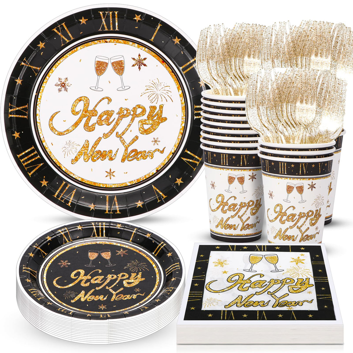 Atonofun Happy New Year plates for 24 guests, stylish dinnerware for celebrations.