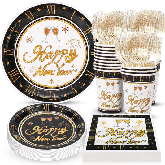 Atonofun Happy New Year plates for 24 guests, stylish dinnerware for celebrations.