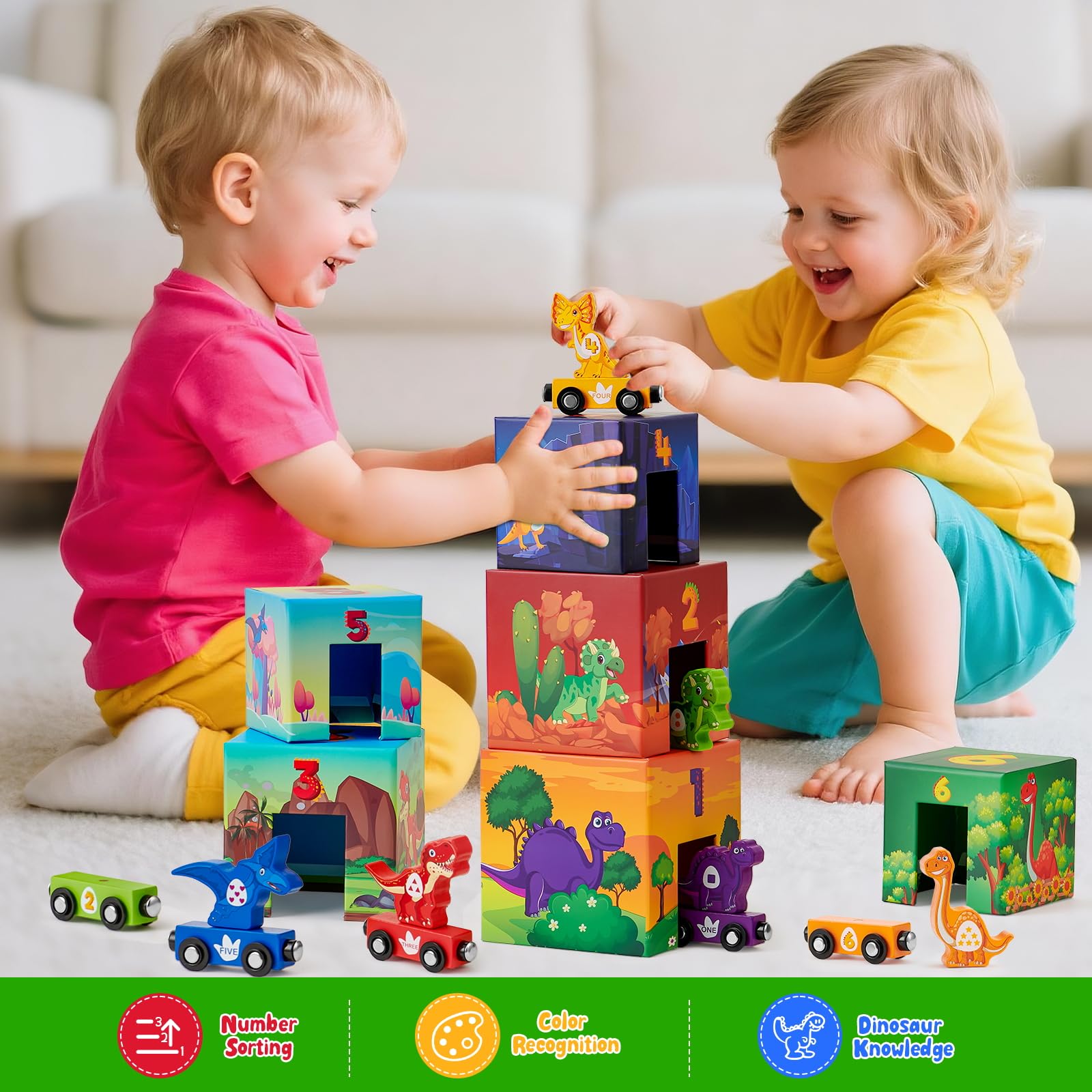 Atoylink color-sorted dinosaurs enhance visual discrimination and fine motor practice.