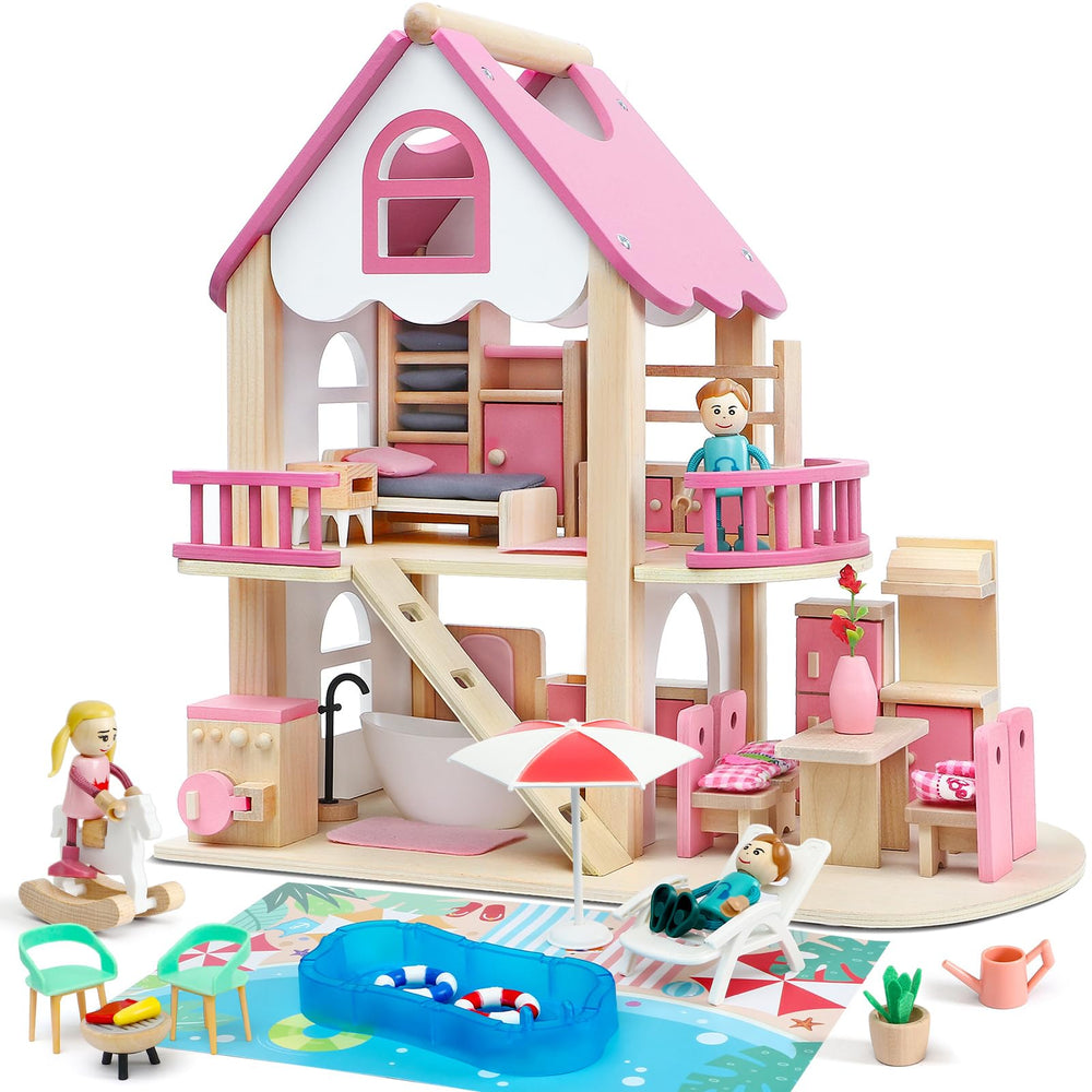 Atoylink pink wooden dollhouse with four rooms offers imaginative play space and hands-on learning opportunities.